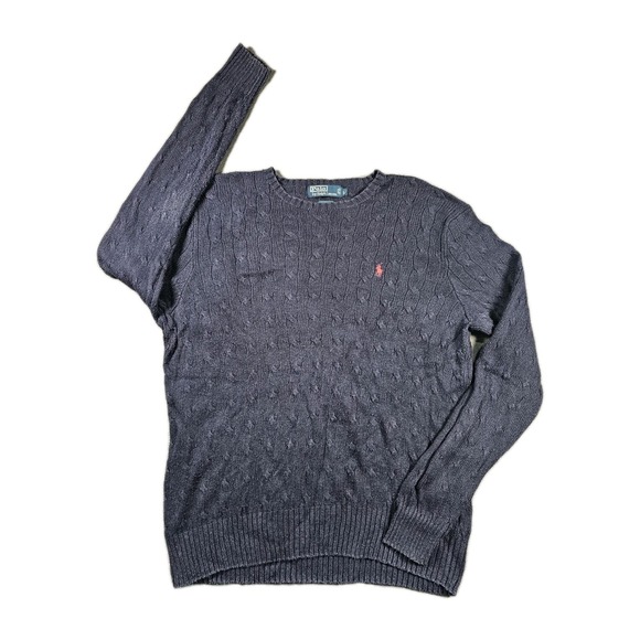 Vintage Polo Ralph Lauren Mens Cable Knit Sweater 100% Silk Navy Blue Large 90s